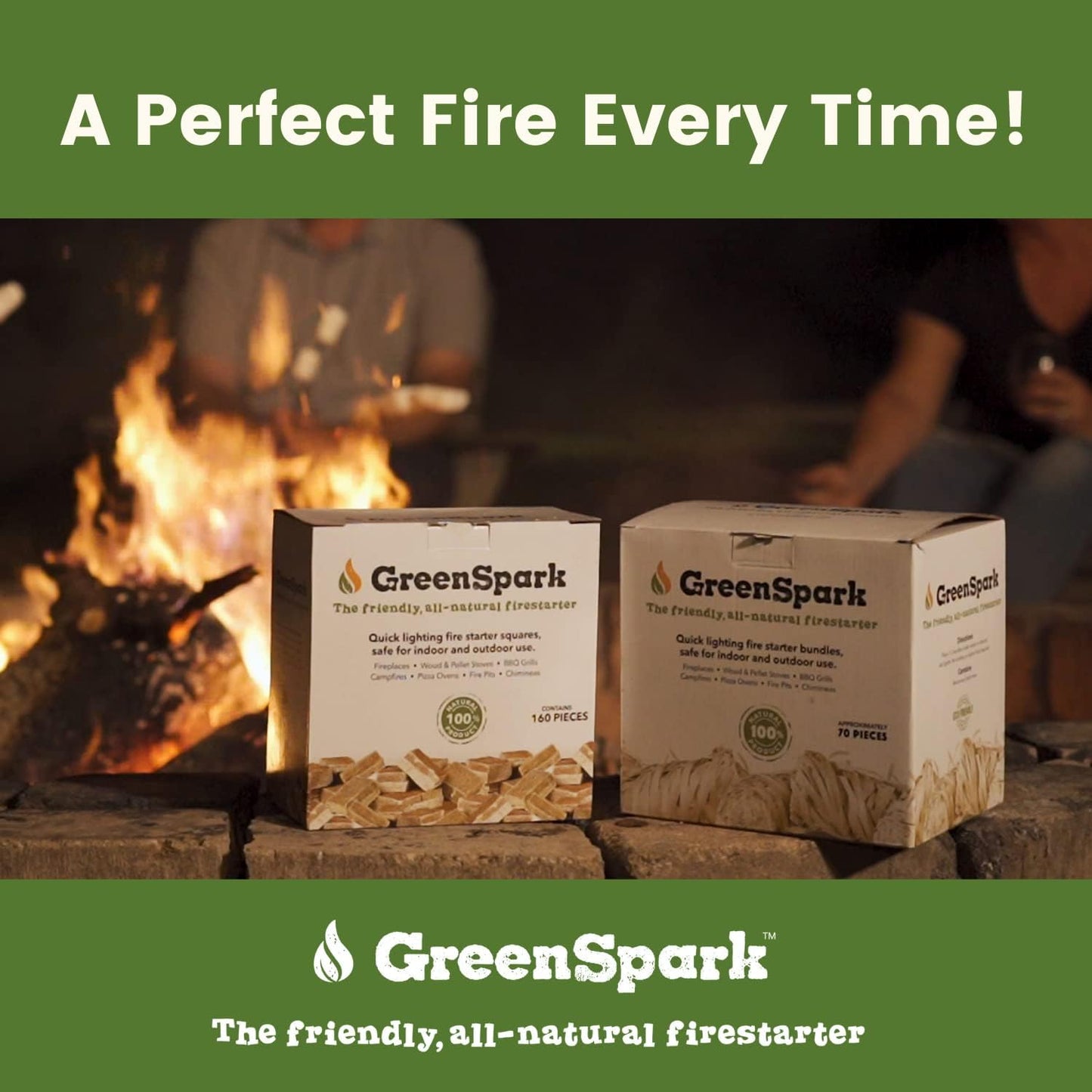 GreenSpark Firestarters Square 160 Pcs Natural Fire Starters for Grill, Smoker, Pizza Oven, BBQ, Wooden & Pellet Stove, Fire Pit, Long Burn