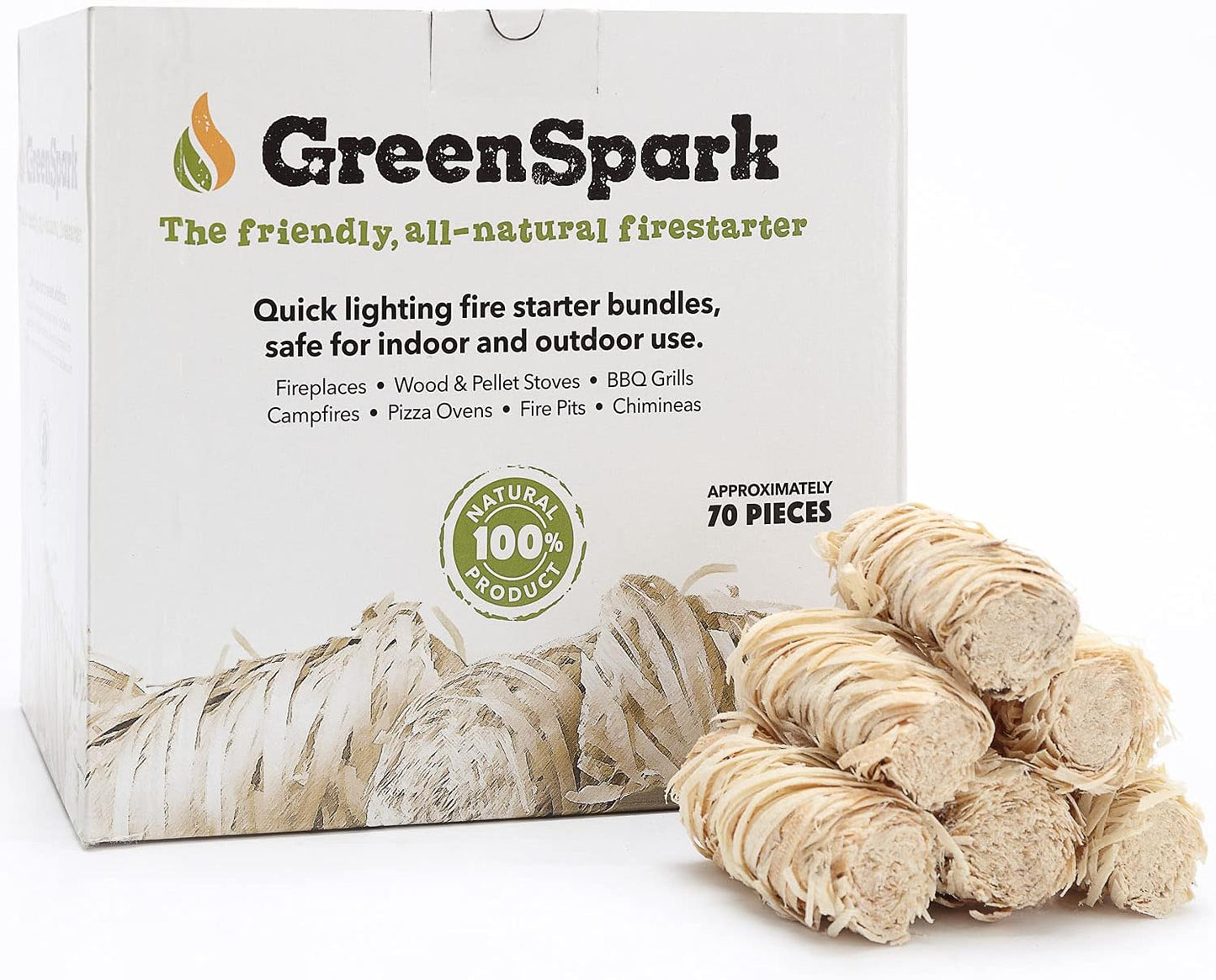 GreenSpark Firestarters 70 Pcs Natural Fire Starter for Grill, Smoker, Pizza Oven, BBQ, Wooden & Pellet Stove, Fire Pit, Long Burn, Waterproof