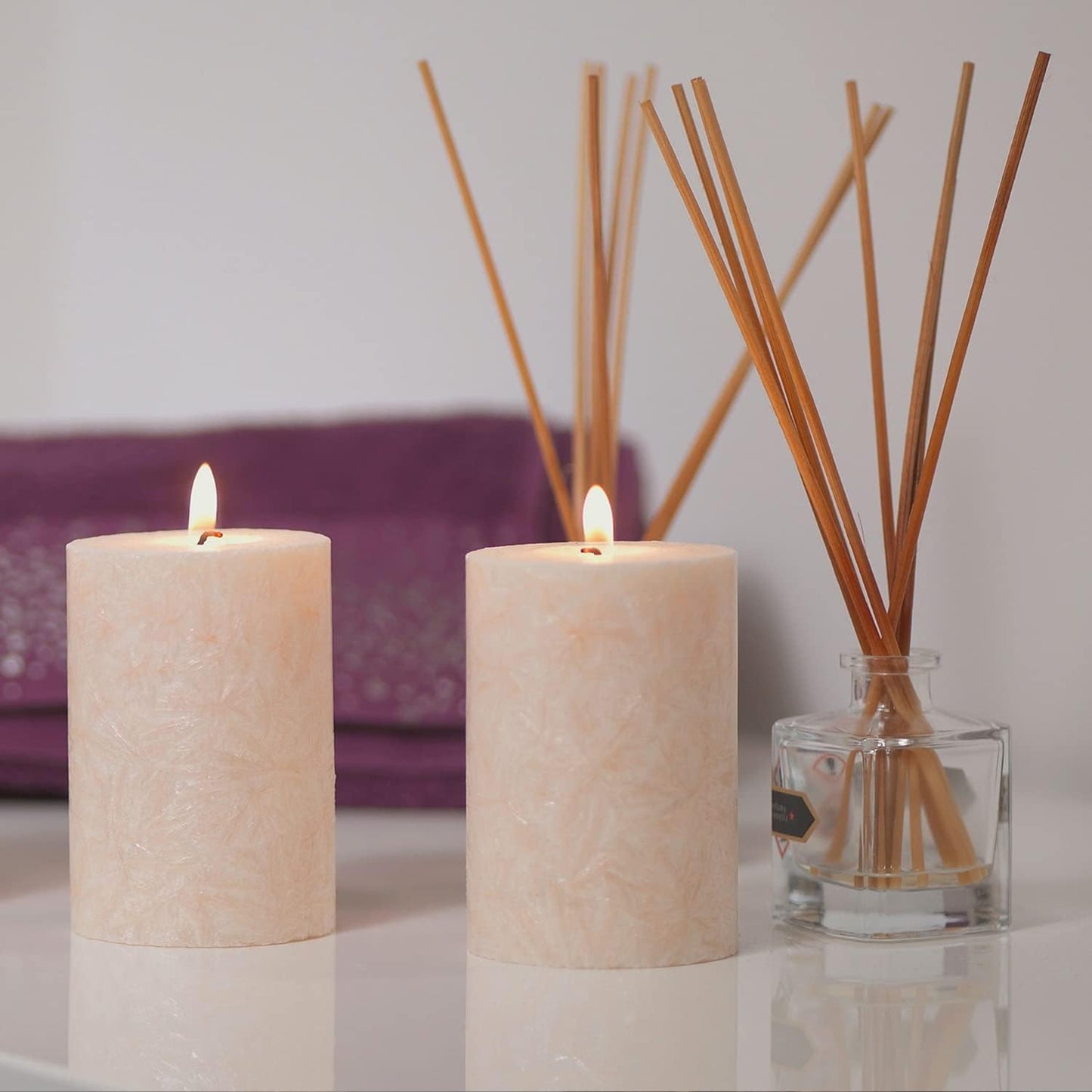 Unscented Pillar Natural Candles, Clean Burning, Dripless, Smokeless Set of 4 (2.75” x 3” Marble White)