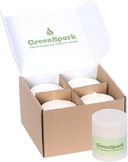 Unscented Pillar Natural Candles, Clean Burning, Dripless, Smokeless Set of 4 (2.75” x 4” Marble White)
