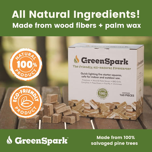 GreenSpark Firestarters Square 160 Pcs Natural Fire Starters for Grill, Smoker, Pizza Oven, BBQ, Wooden & Pellet Stove, Fire Pit, Long Burn