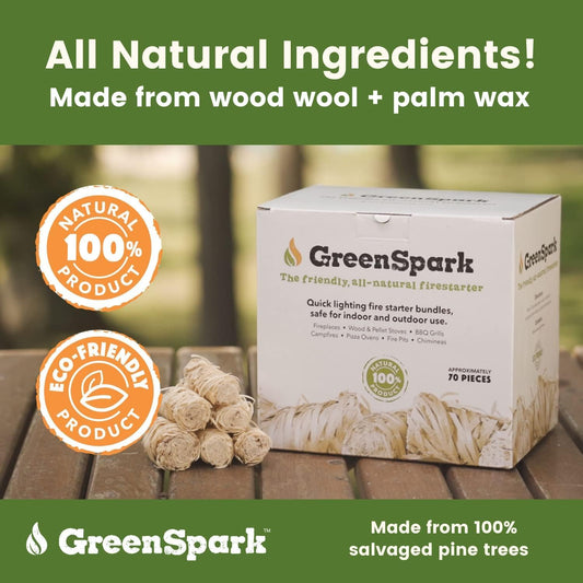 GreenSpark Firestarters 70 Pcs Natural Fire Starter for Grill, Smoker, Pizza Oven, BBQ, Wooden & Pellet Stove, Fire Pit, Long Burn, Waterproof